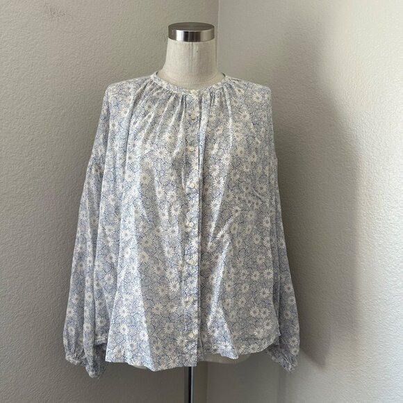Dôen Cotton Button Up Blouse Blue Dolman Sleeve Floral Print Oversized Feminine - Picture 1 of 10